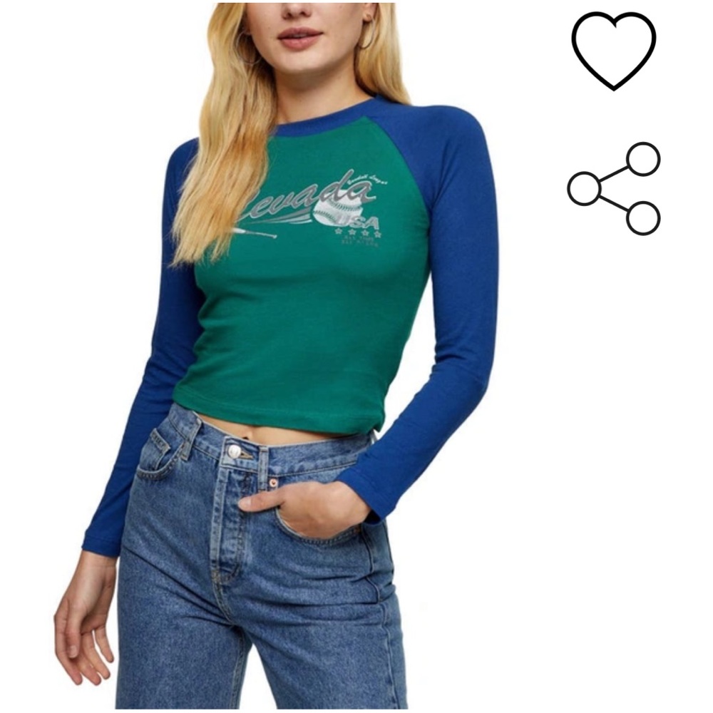 NEW woman’s Topshop Baseball Tee long sleeve blue green Nordstrom shirt